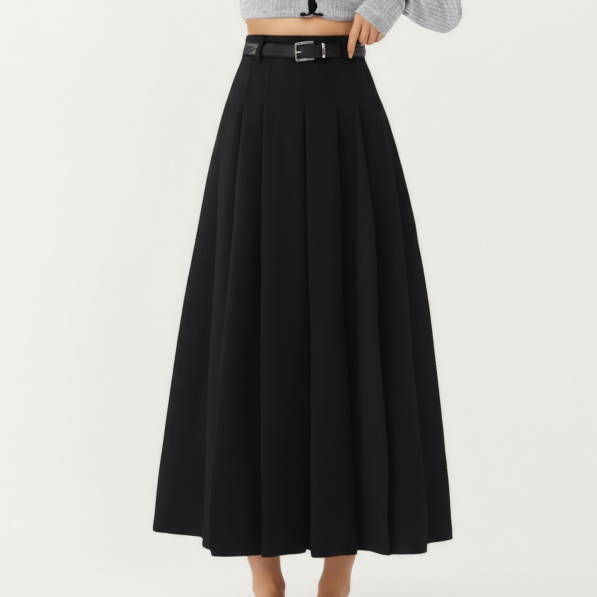 Anna-Kaci Women's High Waist Pleated Maxi Skirt with Belted Waist and Flowing Tailored Silhouette