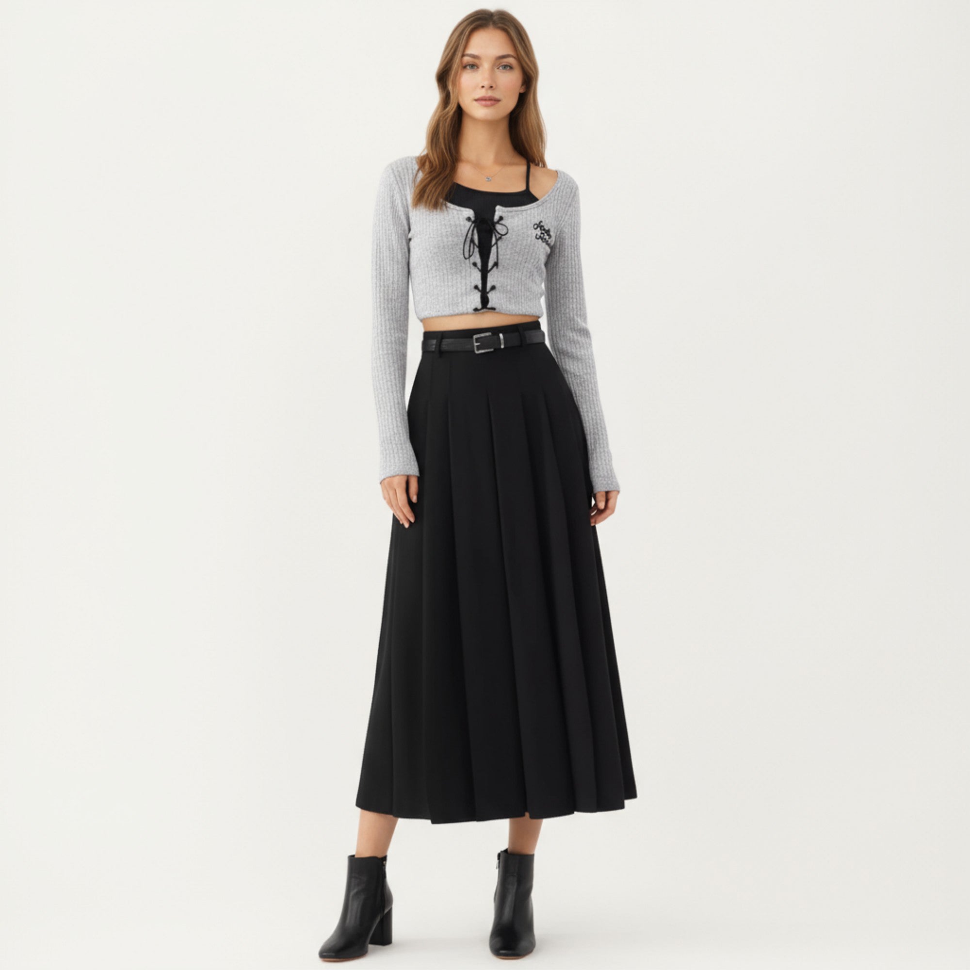 Anna-Kaci Women's High Waist Pleated Maxi Skirt with Belted Waist and Flowing Tailored Silhouette