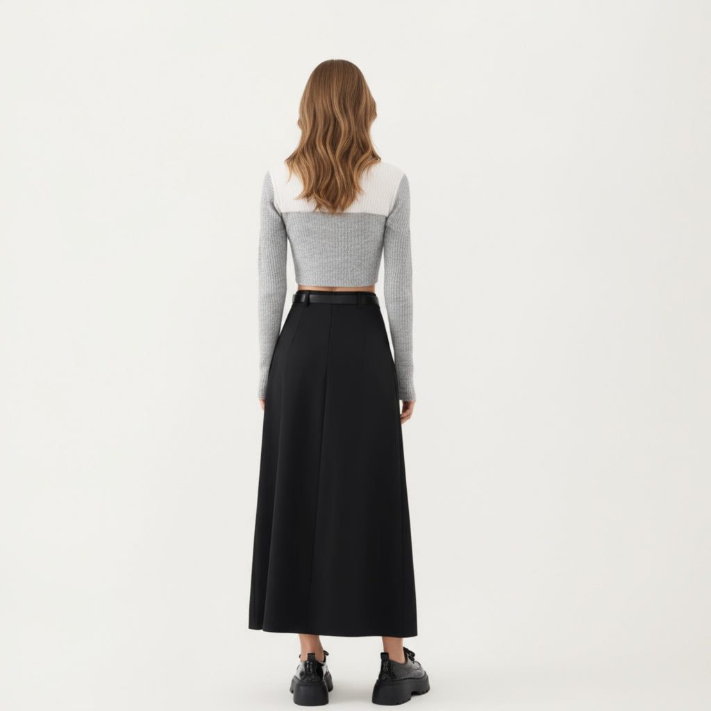 Anna-Kaci Women's High Waist Pleated Maxi Skirt with Belted Waist and Flowing Tailored Silhouette