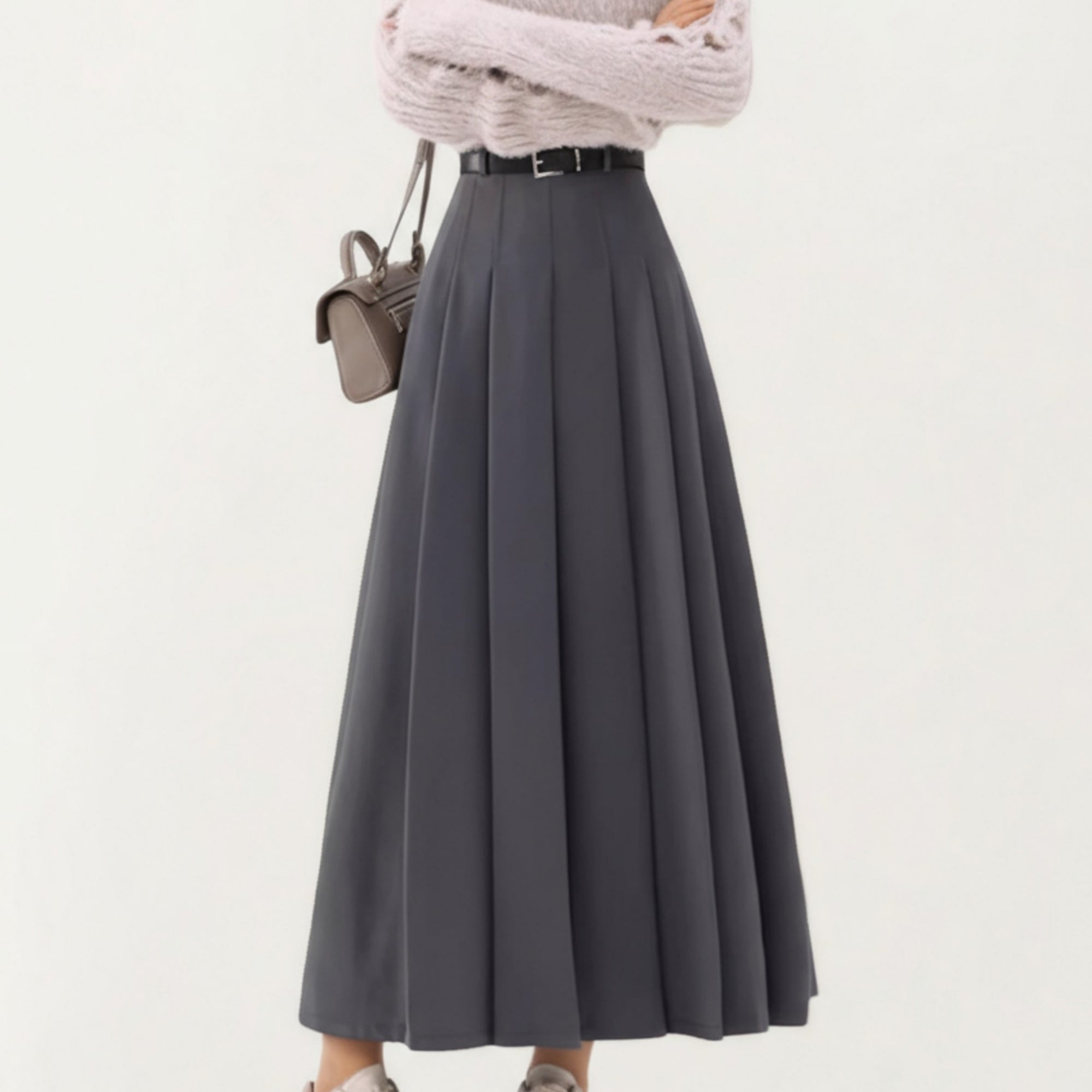 Anna-Kaci Women's High Waist Pleated Maxi Skirt with Belted Waist and Flowing Tailored Silhouette