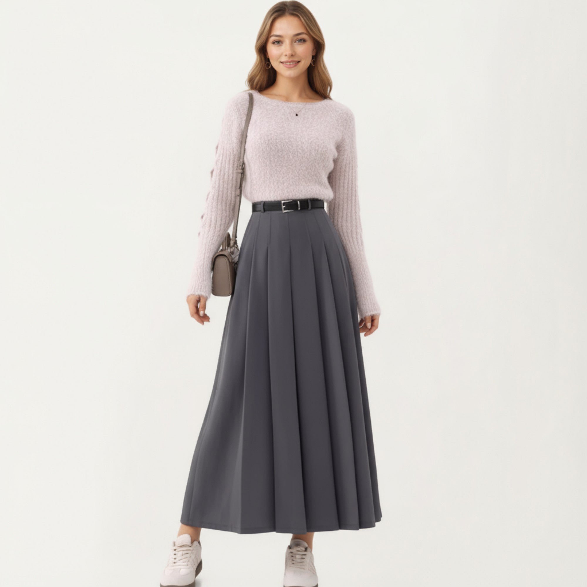 Anna-Kaci Women's High Waist Pleated Maxi Skirt with Belted Waist and Flowing Tailored Silhouette