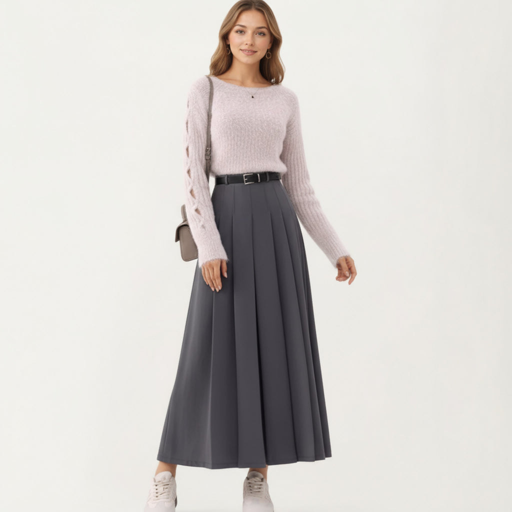 Anna-Kaci Women's High Waist Pleated Maxi Skirt with Belted Waist and Flowing Tailored Silhouette