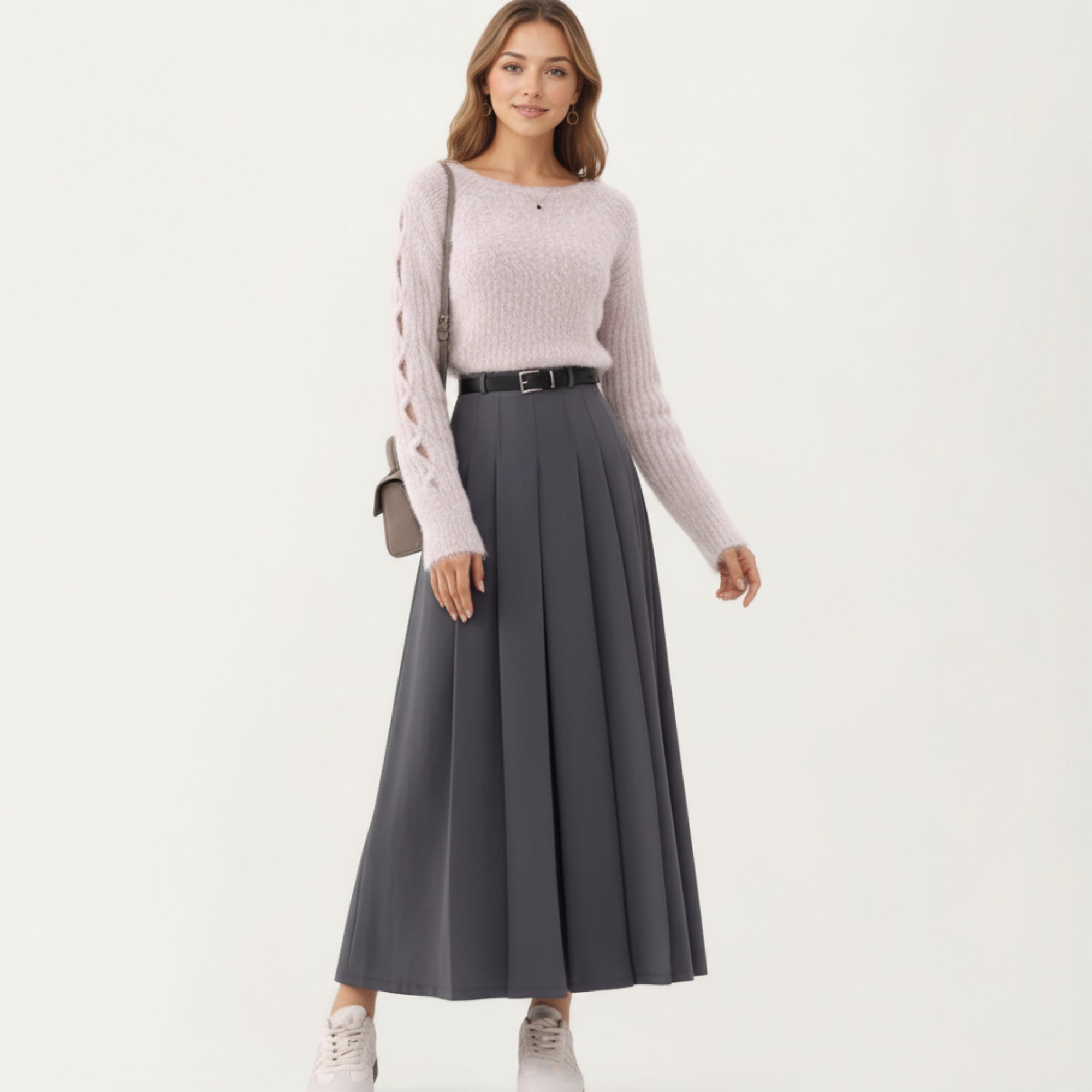Anna-Kaci Women's High Waist Pleated Maxi Skirt with Belted Waist and Flowing Tailored Silhouette