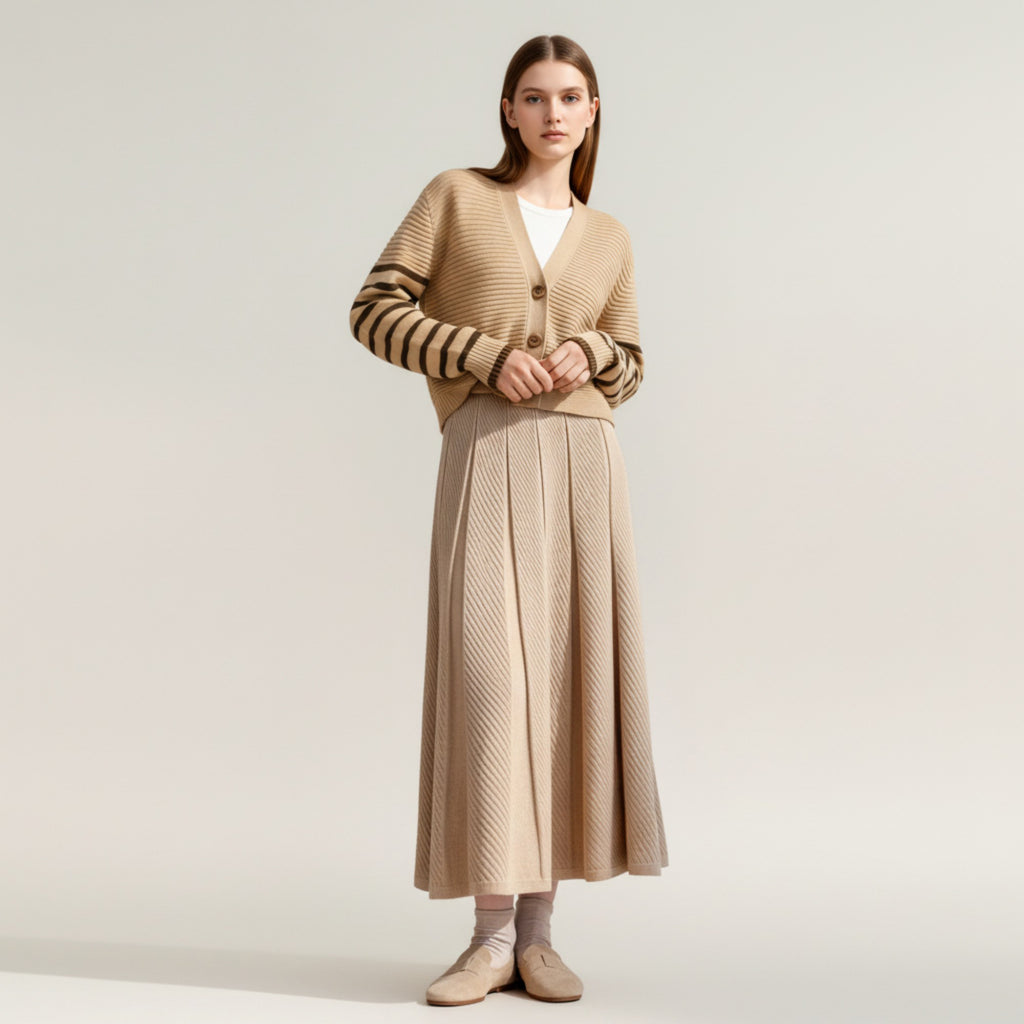 Anna-Kaci Women's Textured Diagonal-Rib Pleated Knit Midi Skirt with Structured Panels and Soft A-Line Silhouette