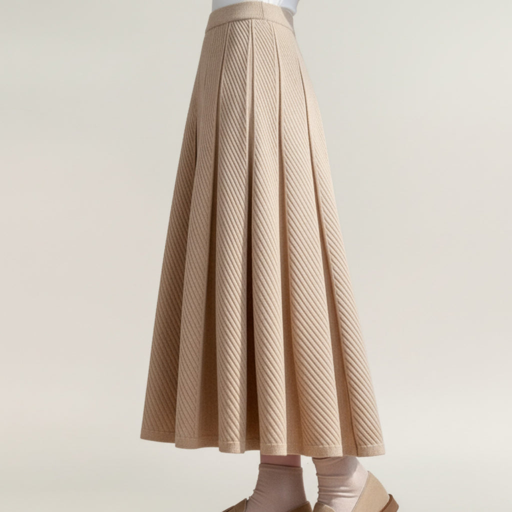 Anna-Kaci Women's Textured Diagonal-Rib Pleated Knit Midi Skirt with Structured Panels and Soft A-Line Silhouette