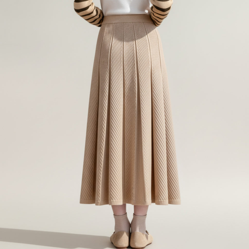 Anna-Kaci Women's Textured Diagonal-Rib Pleated Knit Midi Skirt with Structured Panels and Soft A-Line Silhouette