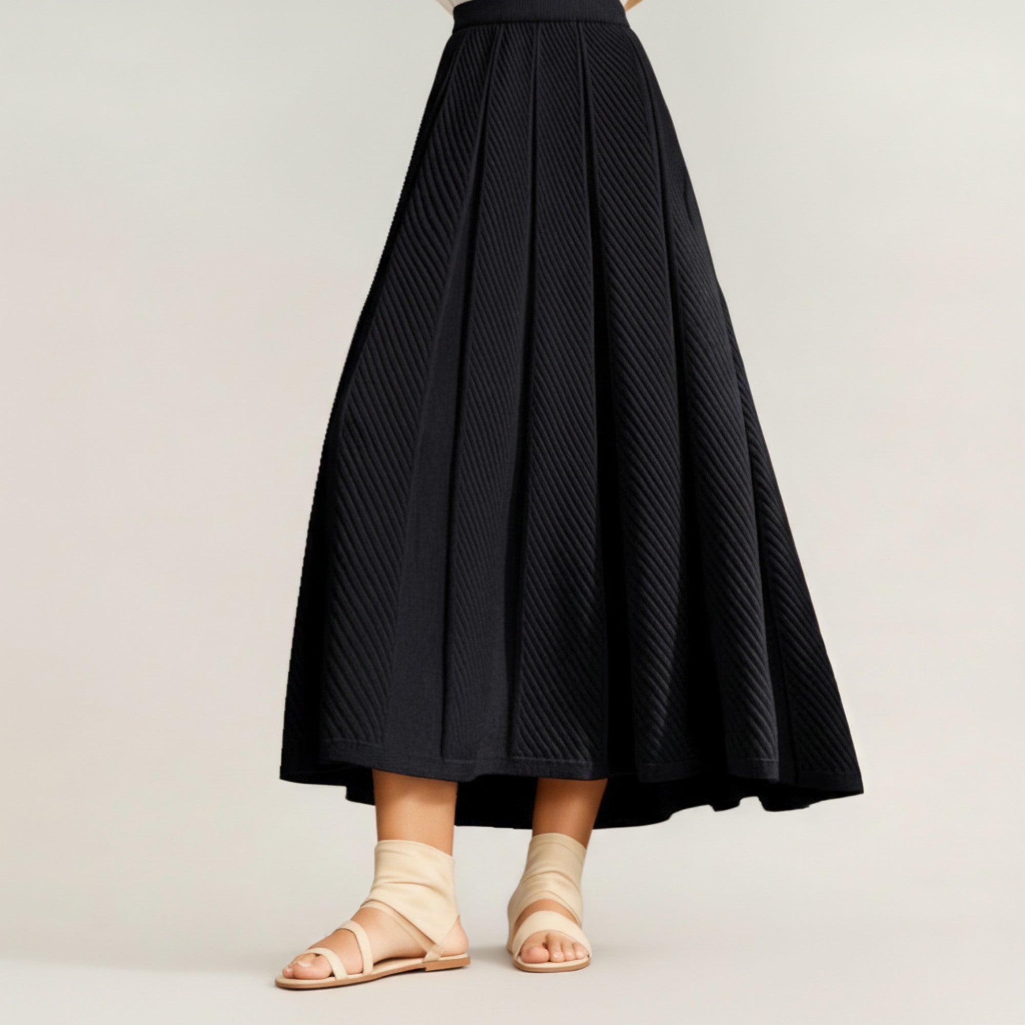 Anna-Kaci Women's Textured Diagonal-Rib Pleated Knit Midi Skirt with Structured Panels and Soft A-Line Silhouette