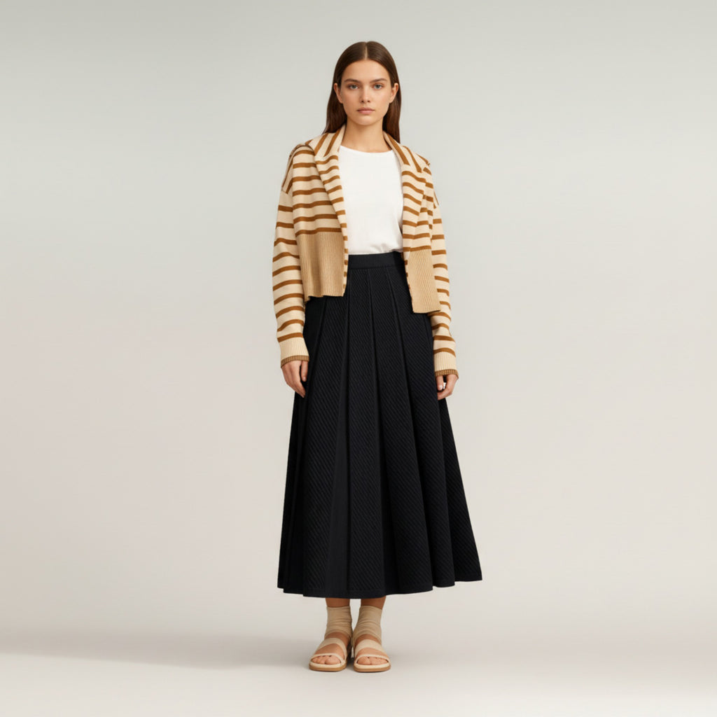 Anna-Kaci Women's Textured Diagonal-Rib Pleated Knit Midi Skirt with Structured Panels and Soft A-Line Silhouette