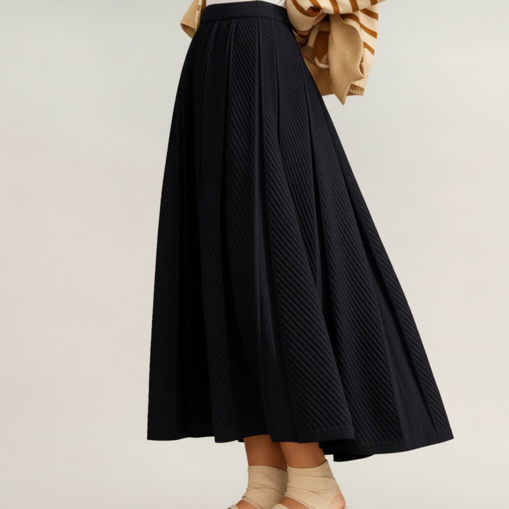Anna-Kaci Women's Textured Diagonal-Rib Pleated Knit Midi Skirt with Structured Panels and Soft A-Line Silhouette