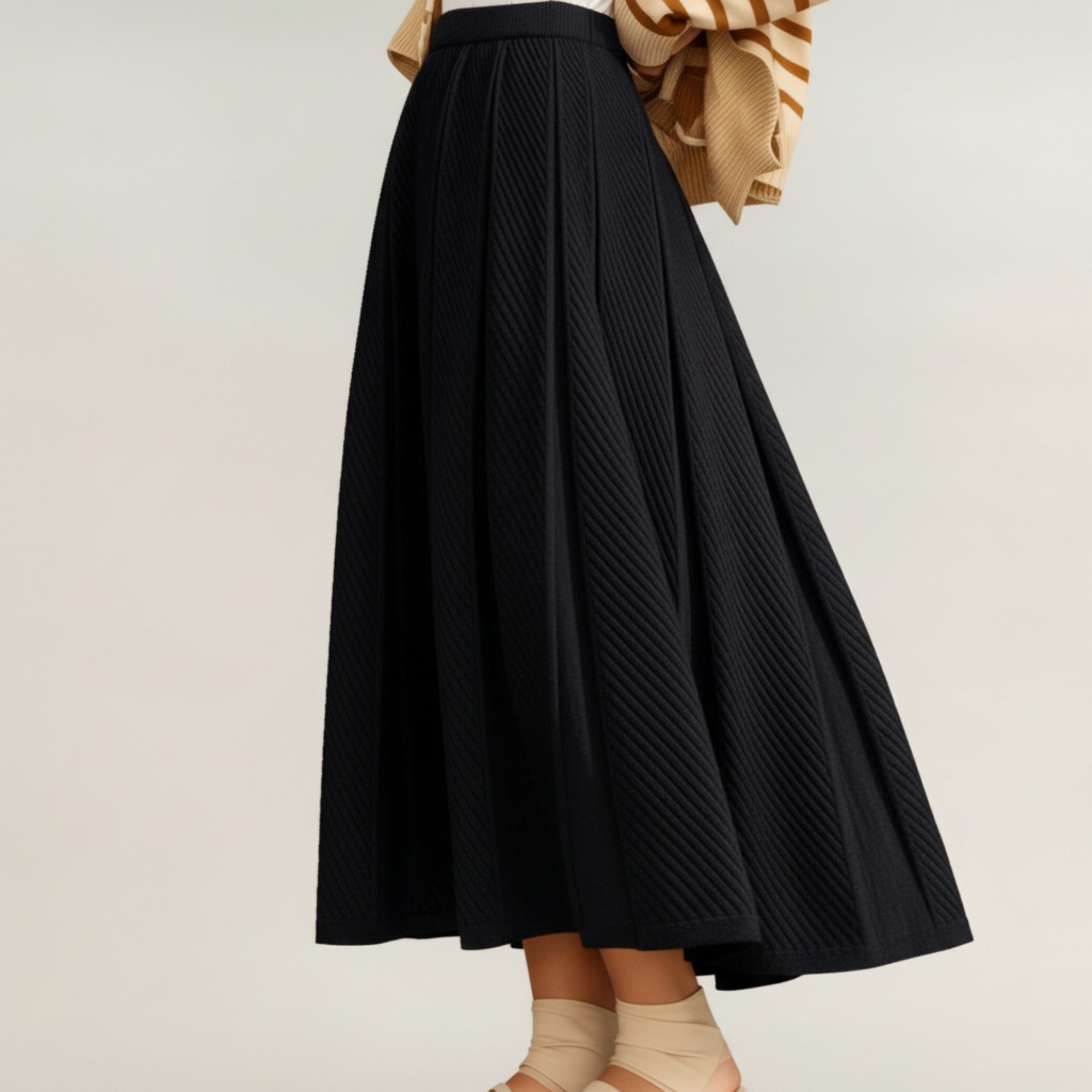 Anna-Kaci Women's Textured Diagonal-Rib Pleated Knit Midi Skirt with Structured Panels and Soft A-Line Silhouette