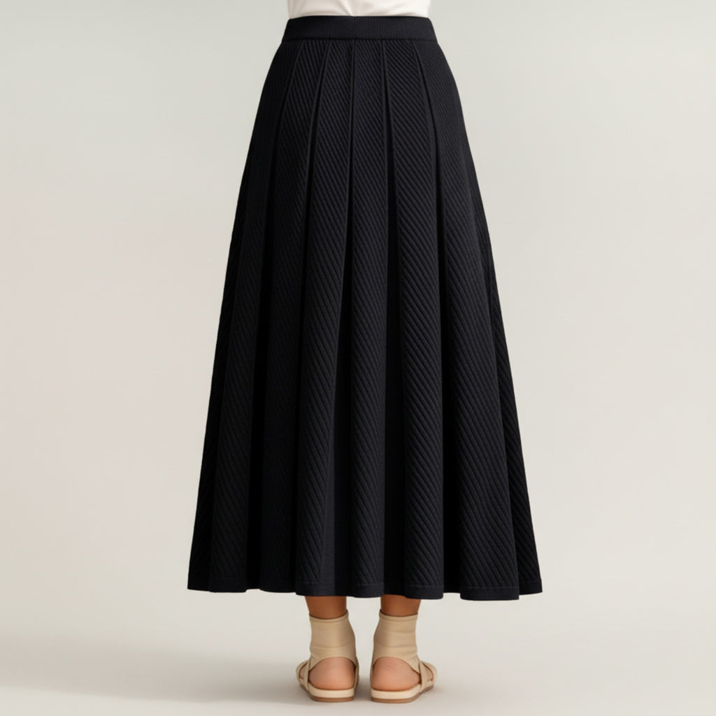Anna-Kaci Women's Textured Diagonal-Rib Pleated Knit Midi Skirt with Structured Panels and Soft A-Line Silhouette
