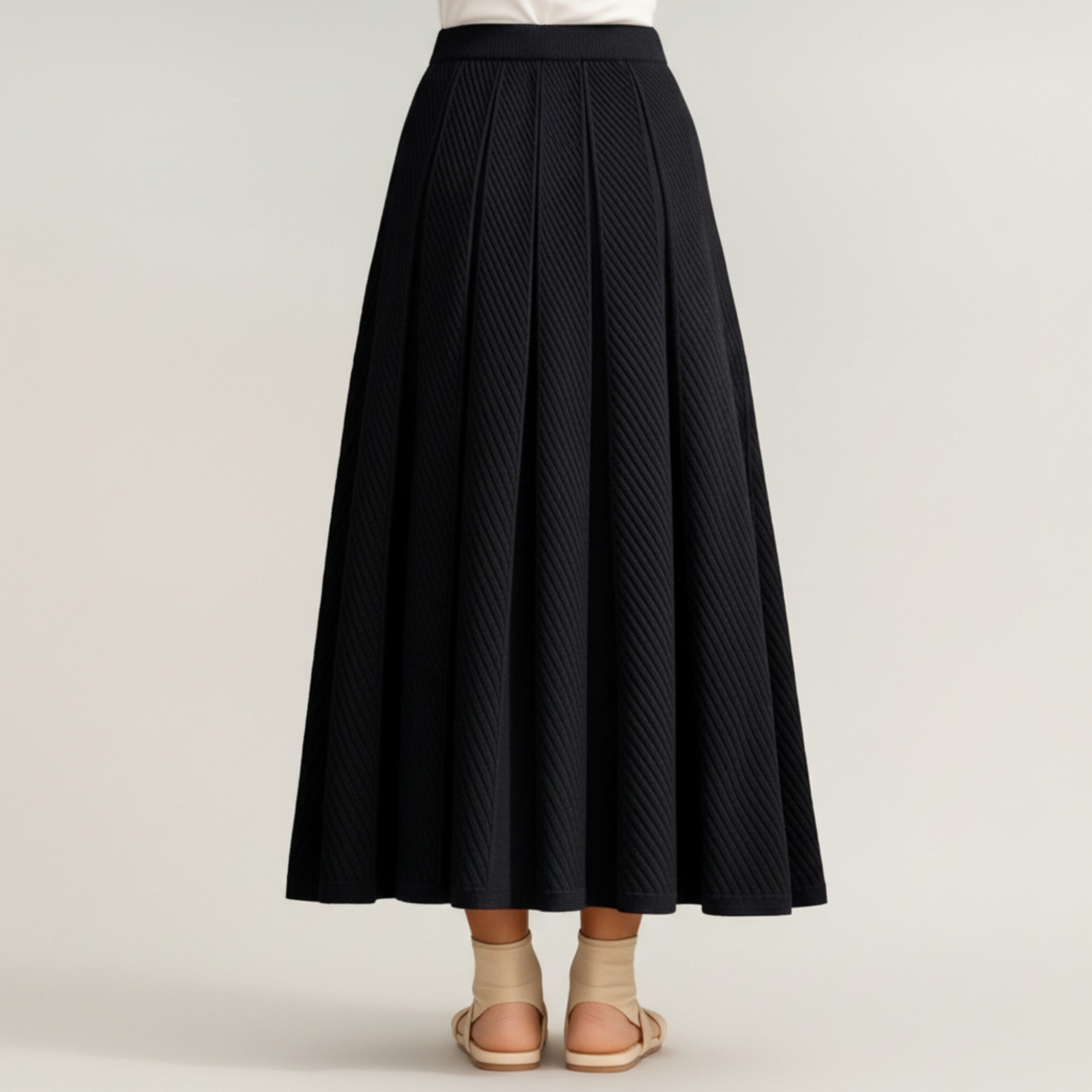 Anna-Kaci Women's Textured Diagonal-Rib Pleated Knit Midi Skirt with Structured Panels and Soft A-Line Silhouette