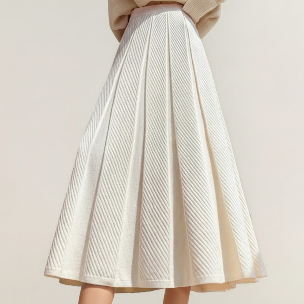 Anna-Kaci Women's Textured Diagonal-Rib Pleated Knit Midi Skirt with Structured Panels and Soft A-Line Silhouette