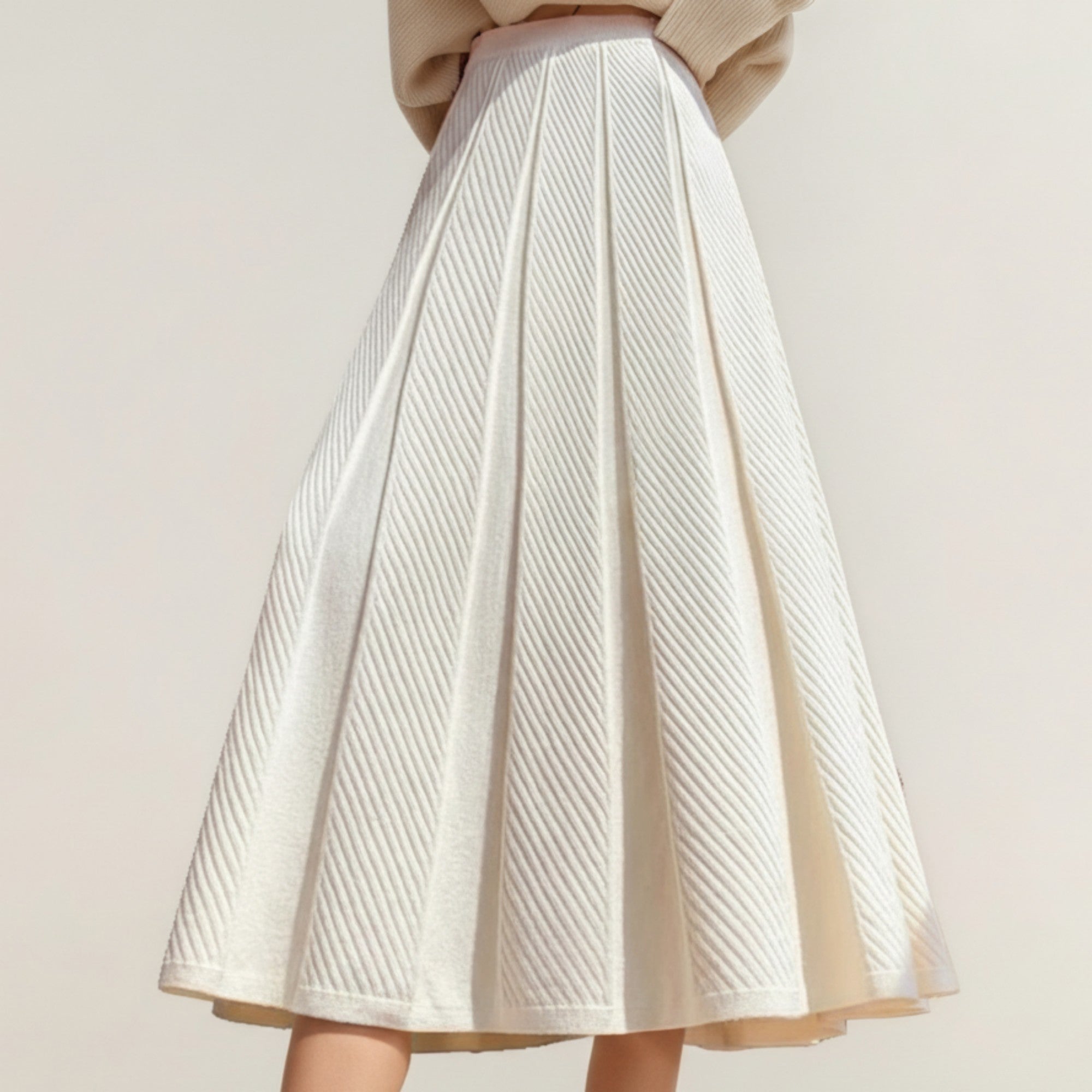 Anna-Kaci Women's Textured Diagonal-Rib Pleated Knit Midi Skirt with Structured Panels and Soft A-Line Silhouette