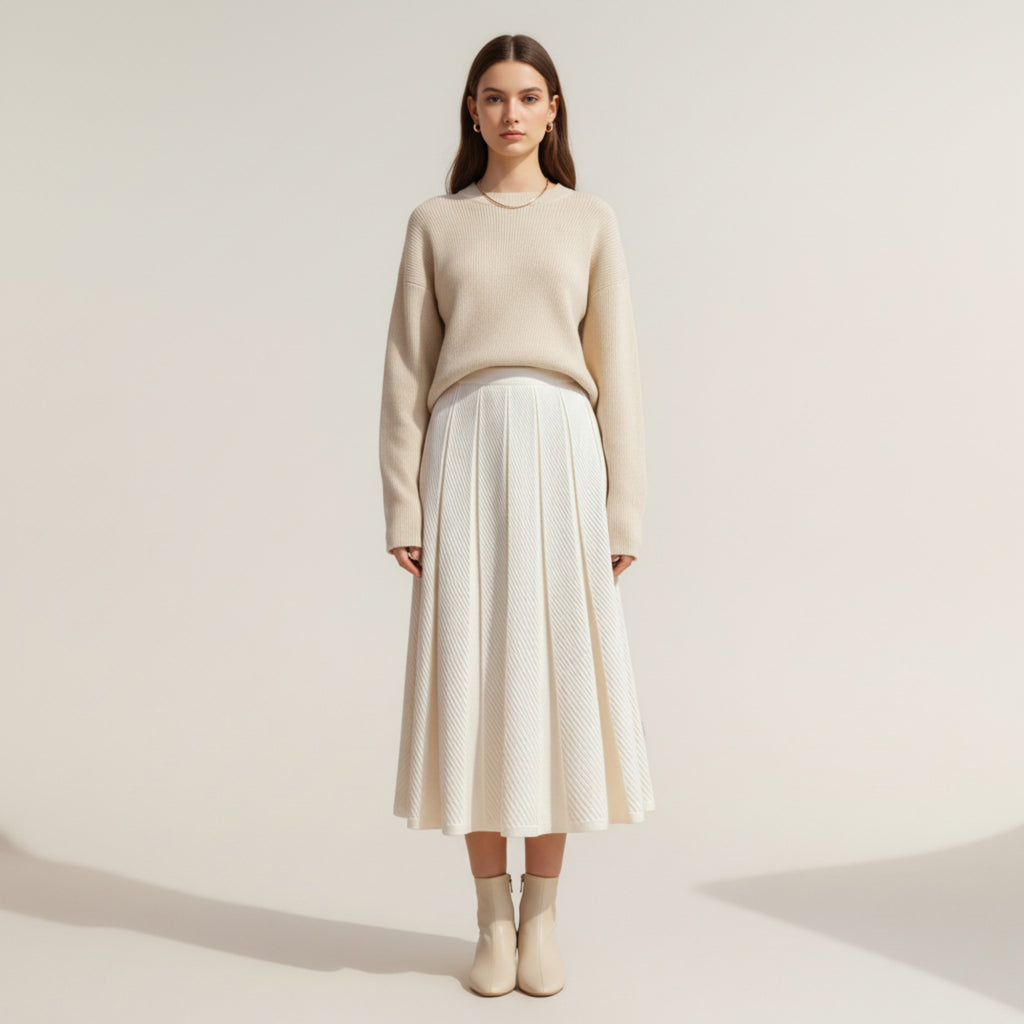 Anna-Kaci Women's Textured Diagonal-Rib Pleated Knit Midi Skirt with Structured Panels and Soft A-Line Silhouette