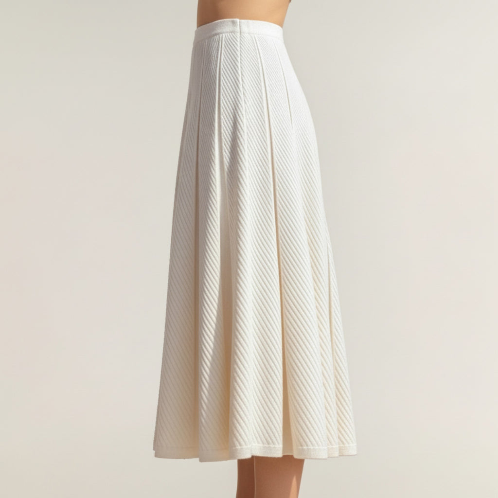 Anna-Kaci Women's Textured Diagonal-Rib Pleated Knit Midi Skirt with Structured Panels and Soft A-Line Silhouette