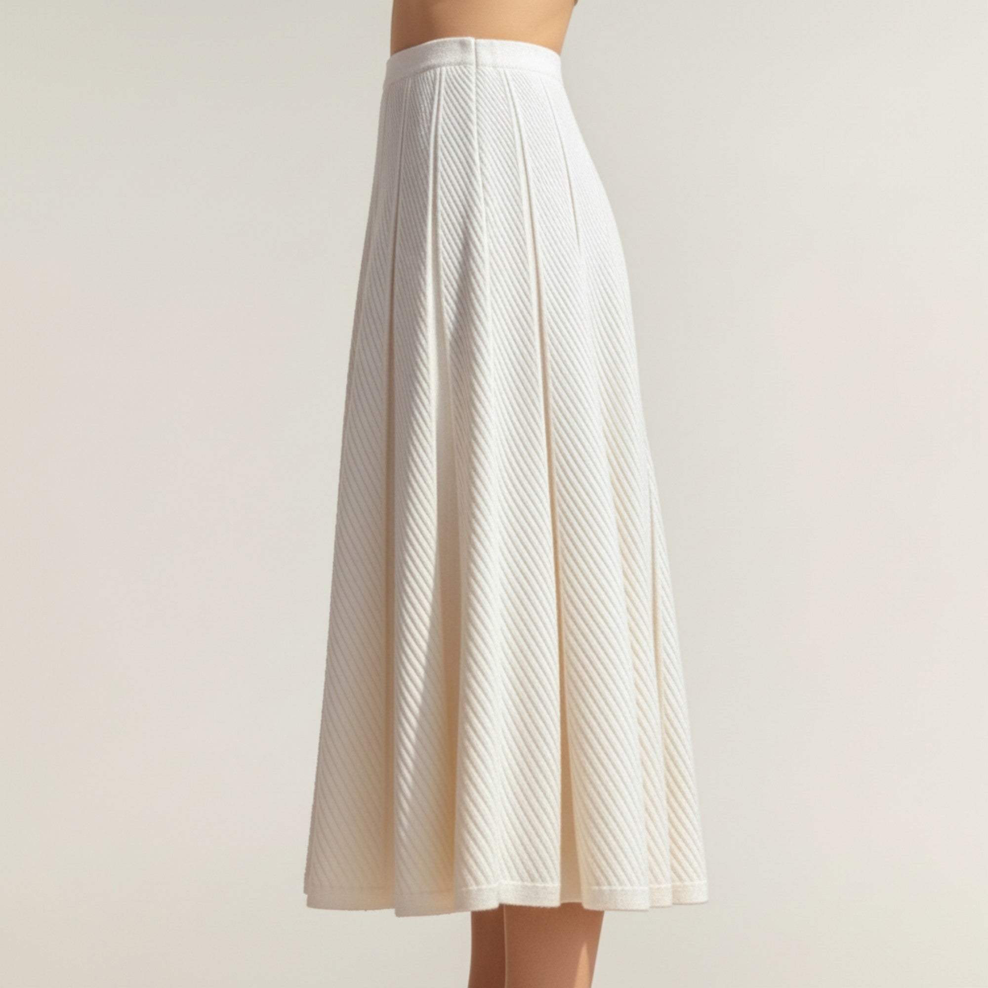 Anna-Kaci Women's Textured Diagonal-Rib Pleated Knit Midi Skirt with Structured Panels and Soft A-Line Silhouette