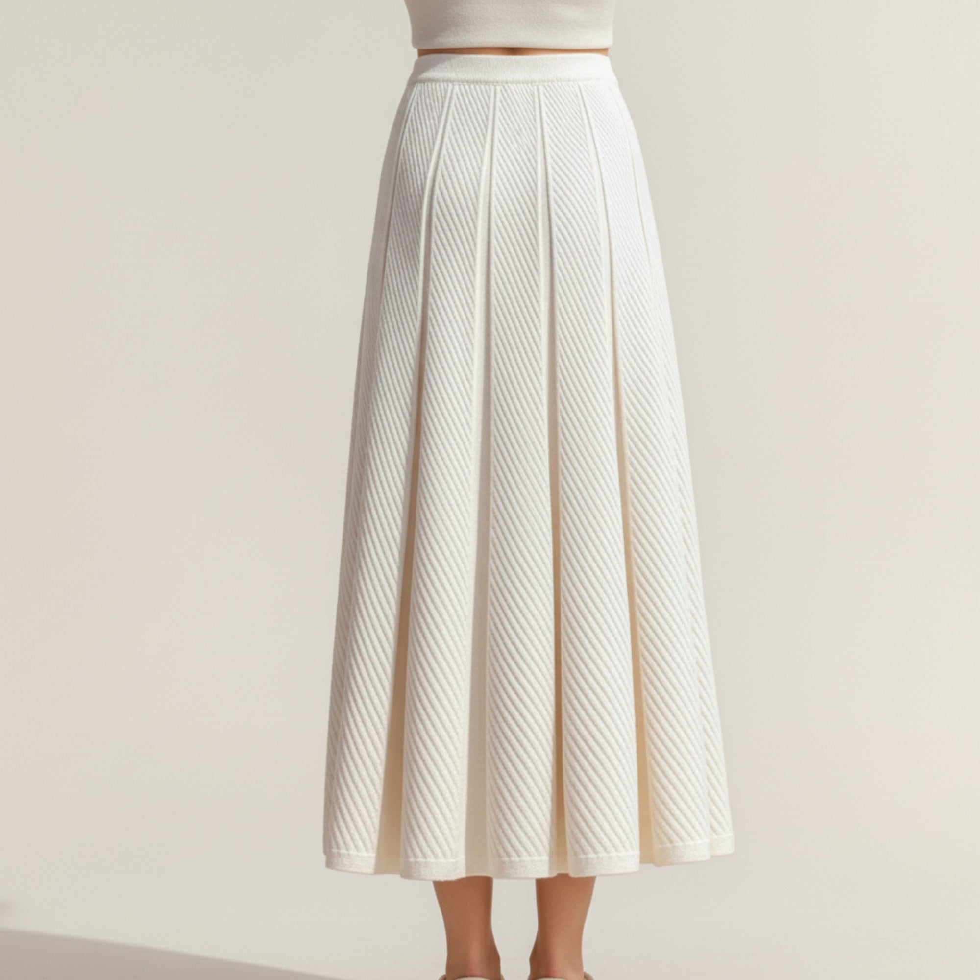 Anna-Kaci Women's Textured Diagonal-Rib Pleated Knit Midi Skirt with Structured Panels and Soft A-Line Silhouette