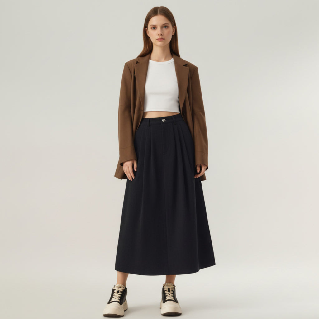 Anna-Kaci Women's High Waist Pleated A-Line Maxi Skirt with Structured Volume, Smooth Draping Fabric