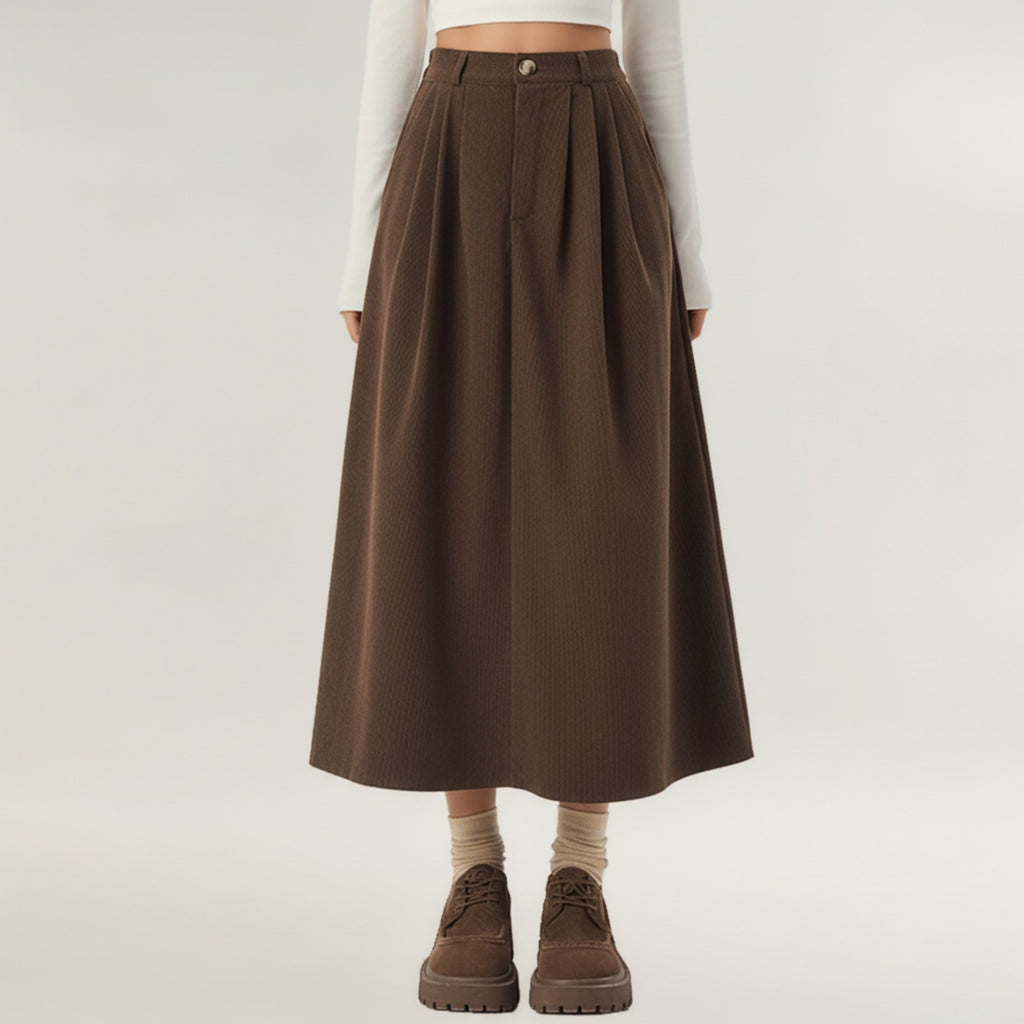 Anna-Kaci Women's High Waist Pleated A-Line Maxi Skirt with Structured Volume, Smooth Draping Fabric