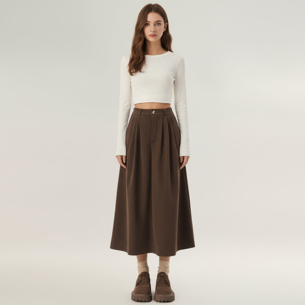 Anna-Kaci Women's High Waist Pleated A-Line Maxi Skirt with Structured Volume, Smooth Draping Fabric