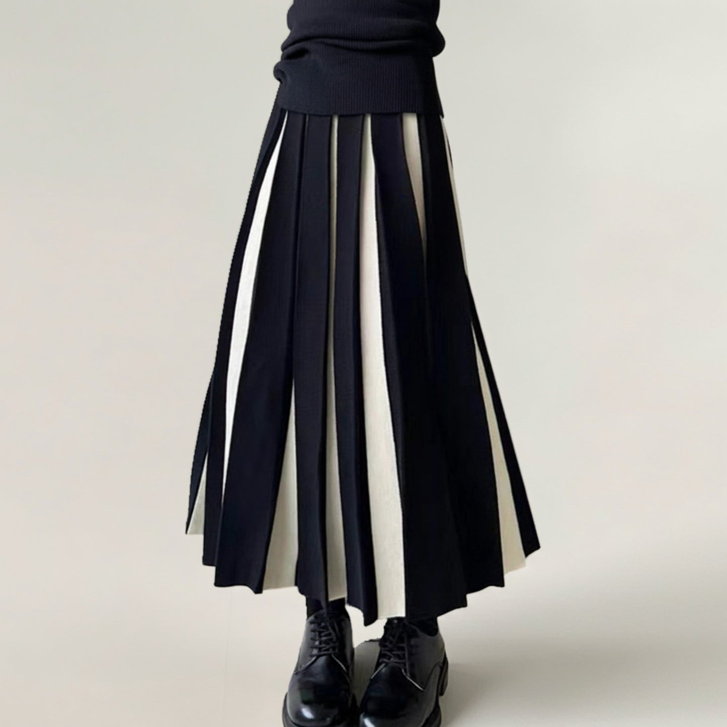 Anna-Kaci Women's Contrast Pleated Maxi Skirt with Structured Panels, Flowing A-Line Movement, and Soft Flexible Waist