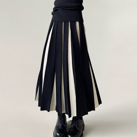 Anna-Kaci Women's Contrast Pleated Maxi Skirt with Structured Panels, Flowing A-Line Movement, and Soft Flexible Waist
