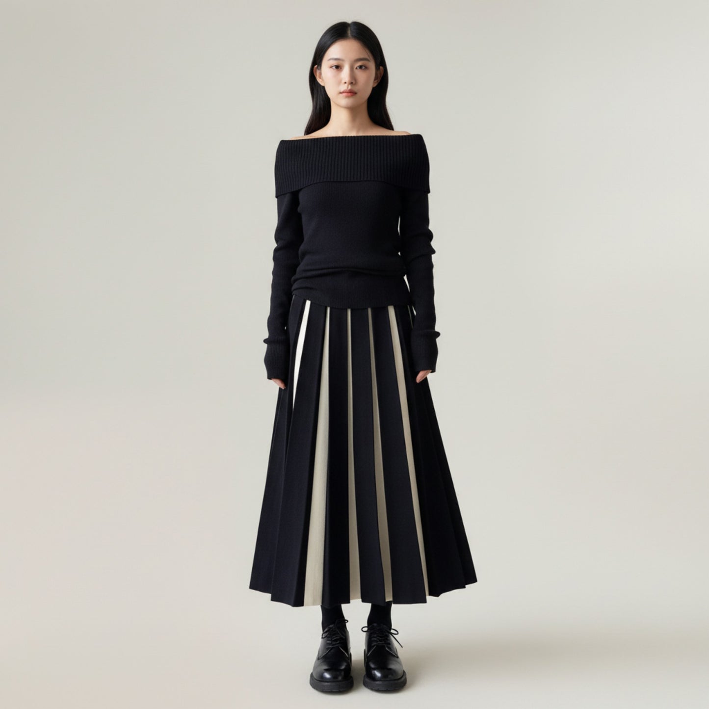 Anna-Kaci Women's Contrast Pleated Maxi Skirt with Structured Panels, Flowing A-Line Movement, and Soft Flexible Waist