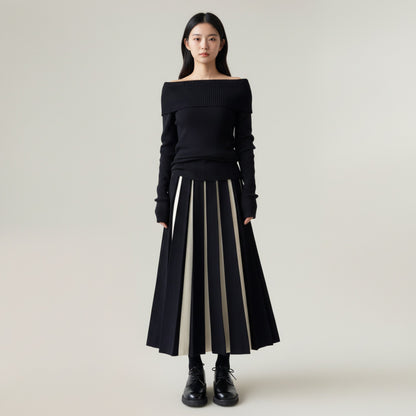 Anna-Kaci Women's Contrast Pleated Maxi Skirt with Structured Panels, Flowing A-Line Movement, and Soft Flexible Waist