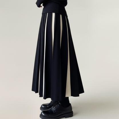 Anna-Kaci Women's Contrast Pleated Maxi Skirt with Structured Panels, Flowing A-Line Movement, and Soft Flexible Waist