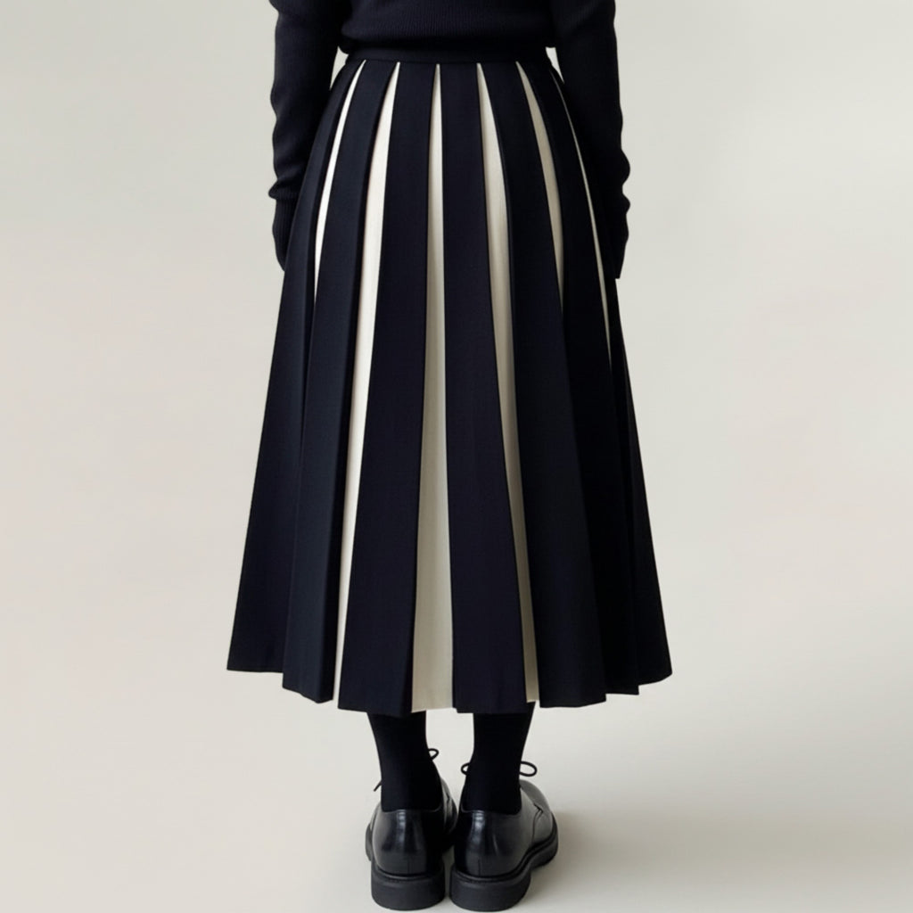 Anna-Kaci Women's Contrast Pleated Maxi Skirt with Structured Panels, Flowing A-Line Movement, and Soft Flexible Waist
