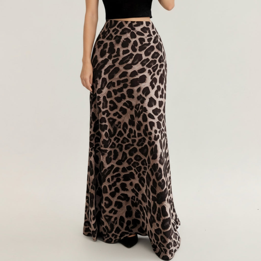 Anna-Kaci Women's Leopard Print Maxi Skirt with Soft Draping Silhouette, Smooth Stretch Waist, and Flowing Fabric