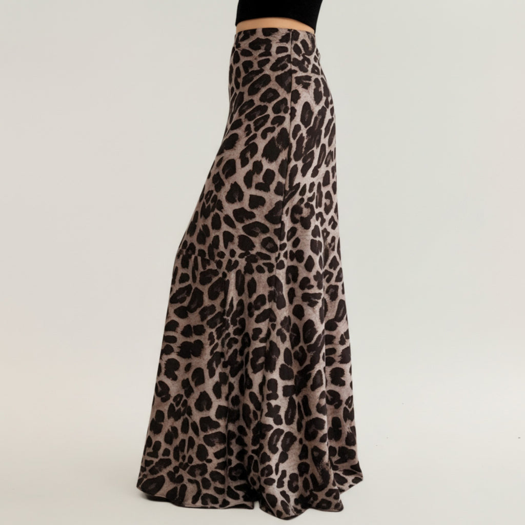 Anna-Kaci Women's Leopard Print Maxi Skirt with Soft Draping Silhouette, Smooth Stretch Waist, and Flowing Fabric