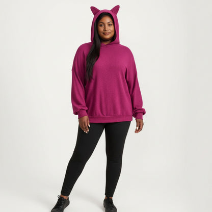 Anna-Kaci Women' s Soft Knit Hoodie with Playful Cat Ear Hood, Relaxed Drop-Shoulder Sleeves and Cozy Stretch Fabric