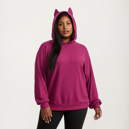 Anna-Kaci Women' s Soft Knit Hoodie with Playful Cat Ear Hood, Relaxed Drop-Shoulder Sleeves and Cozy Stretch Fabric