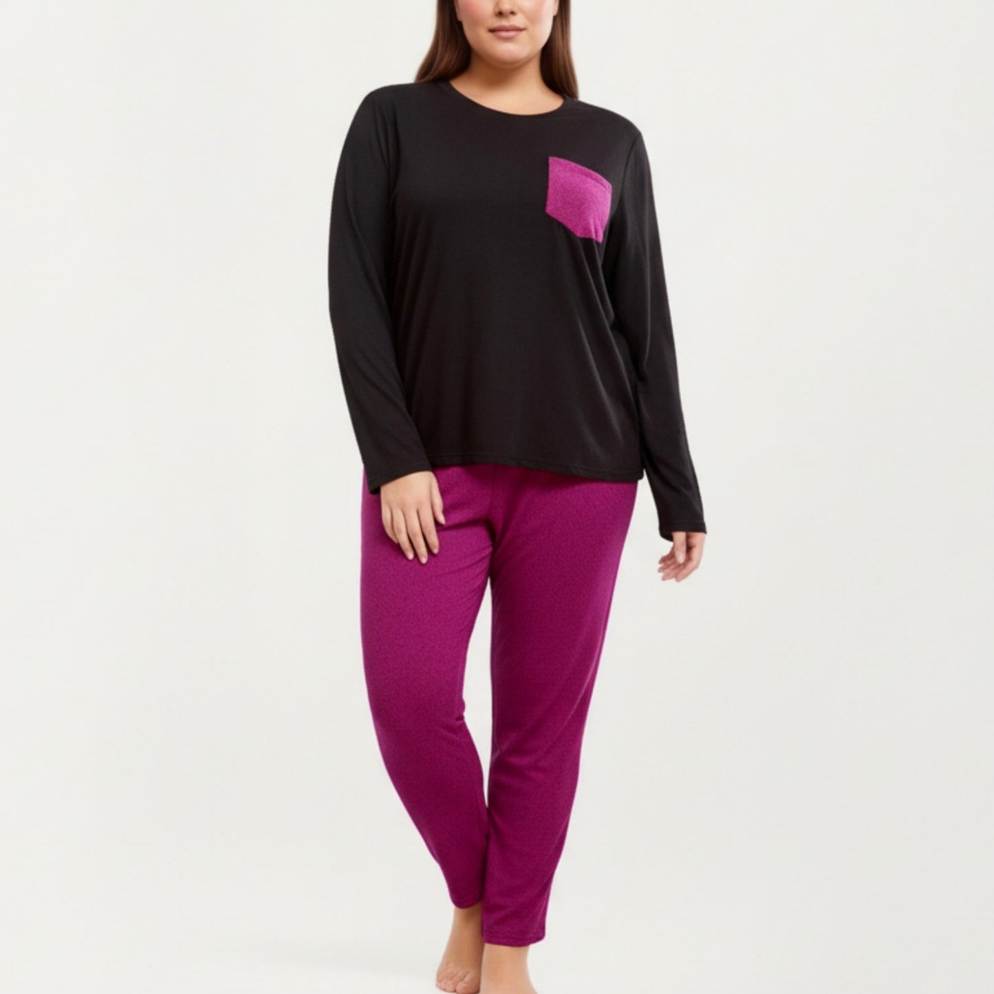 Anna-Kaci Lounge Women' s 2-Piece Set Long Sleeve Knit Top with Contrast Pocket and Soft Stretch Pajama Pants with Relaxed Tapered Fit