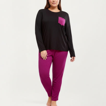 Anna-Kaci Lounge Women' s 2-Piece Set Long Sleeve Knit Top with Contrast Pocket and Soft Stretch Pajama Pants with Relaxed Tapered Fit