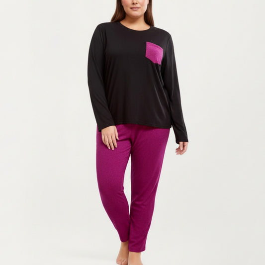 Anna-Kaci Lounge Women' s 2-Piece Set Long Sleeve Knit Top with Contrast Pocket and Soft Stretch Pajama Pants with Relaxed Tapered Fit