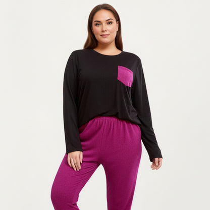Anna-Kaci Lounge Women' s 2-Piece Set Long Sleeve Knit Top with Contrast Pocket and Soft Stretch Pajama Pants with Relaxed Tapered Fit