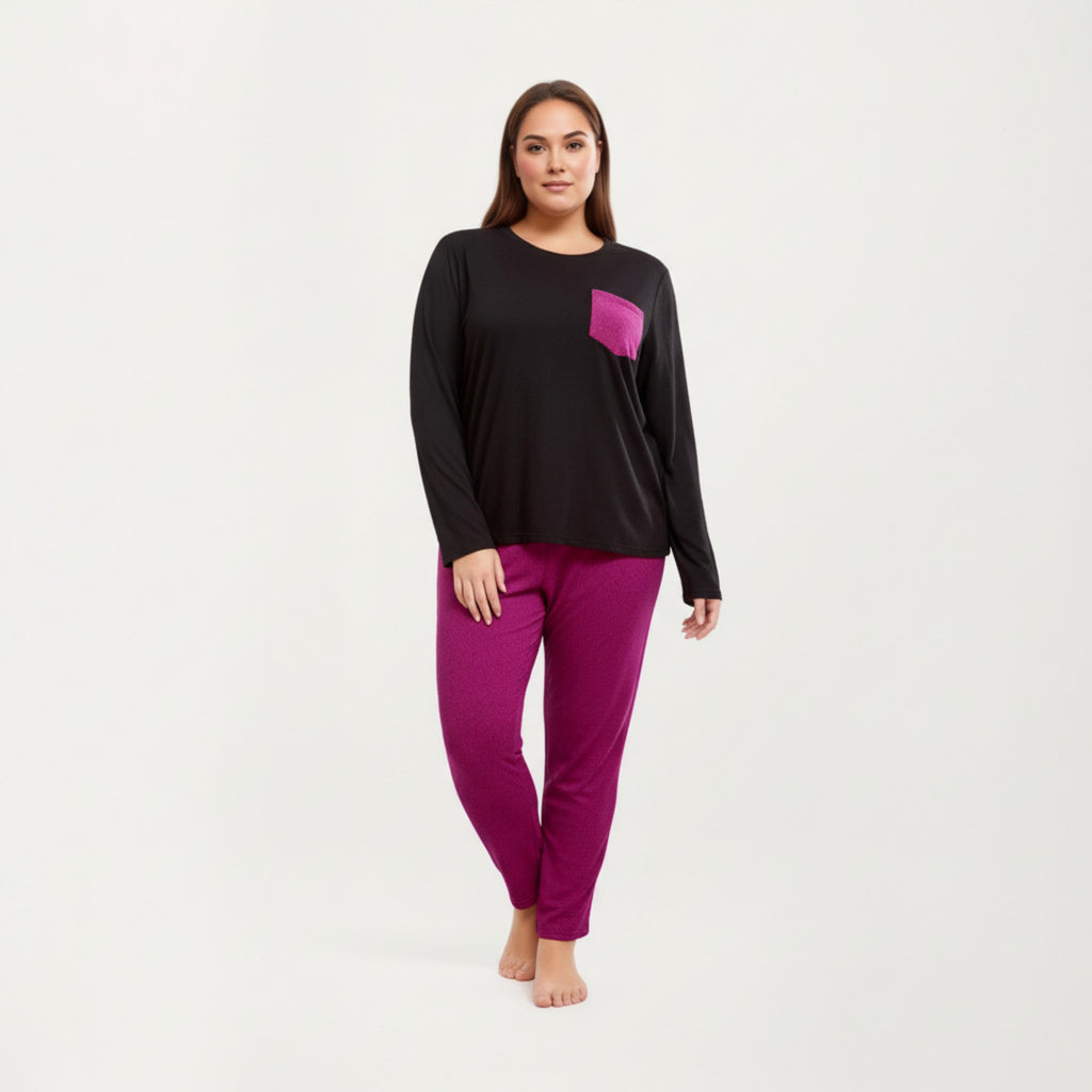 Anna-Kaci Lounge Women' s 2-Piece Set Long Sleeve Knit Top with Contrast Pocket and Soft Stretch Pajama Pants with Relaxed Tapered Fit