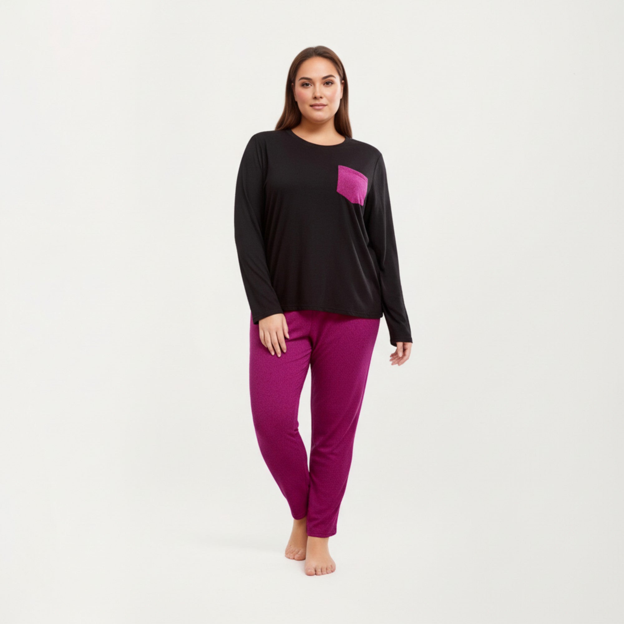 Anna-Kaci Lounge Women' s 2-Piece Set Long Sleeve Knit Top with Contrast Pocket and Soft Stretch Pajama Pants with Relaxed Tapered Fit