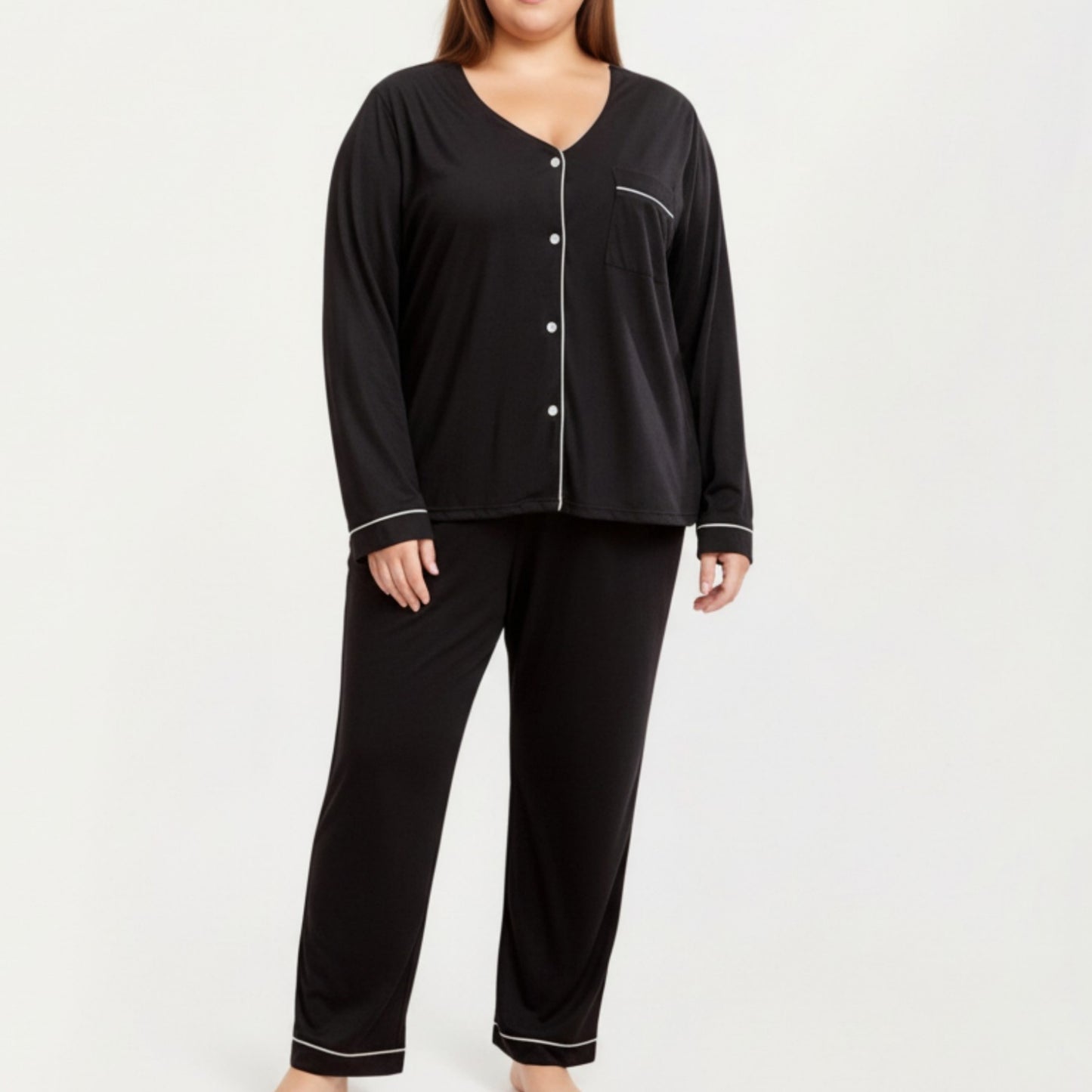 Anna-Kaci Lounge Women' s 2-Piece Set Long Sleeve Button-Front Pajama Top and Matching Relaxed Pants with Clean Piped Edging