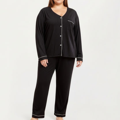 Anna-Kaci Lounge Women' s 2-Piece Set Long Sleeve Button-Front Pajama Top and Matching Relaxed Pants with Clean Piped Edging