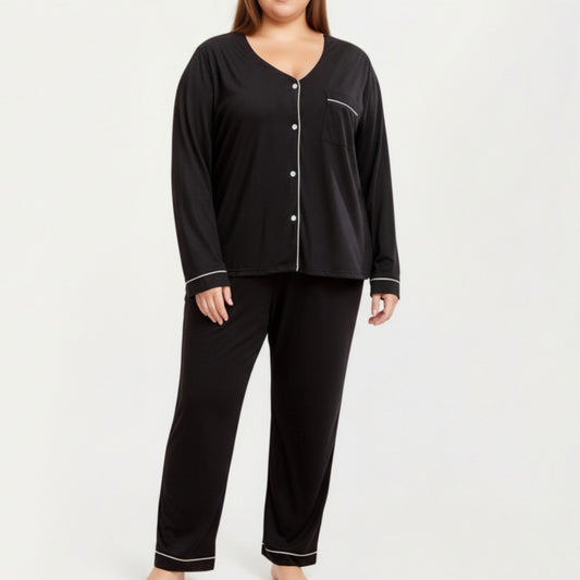 Anna-Kaci Lounge Women' s 2-Piece Set Long Sleeve Button-Front Pajama Top and Matching Relaxed Pants with Clean Piped Edging