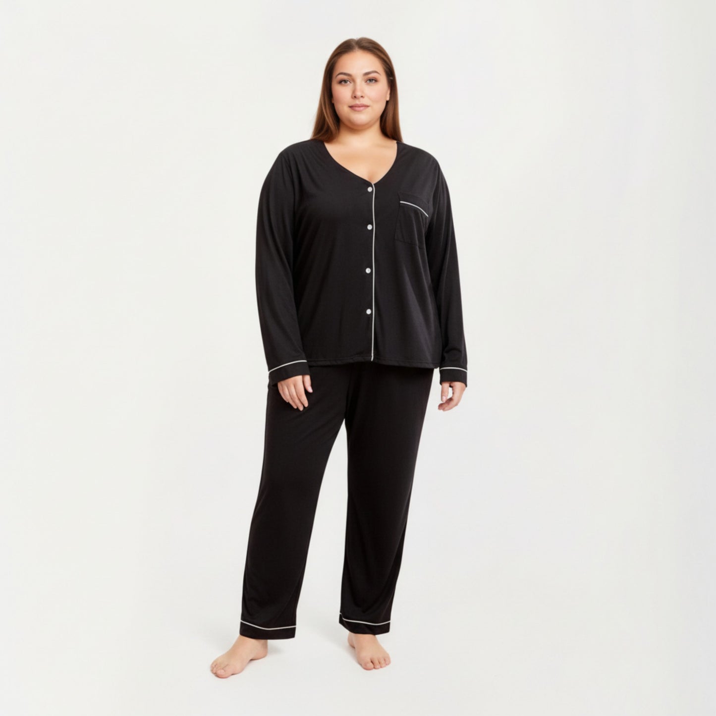 Anna-Kaci Lounge Women' s 2-Piece Set Long Sleeve Button-Front Pajama Top and Matching Relaxed Pants with Clean Piped Edging