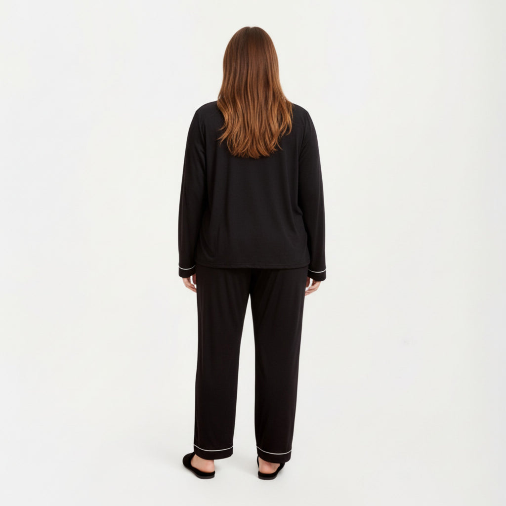 Anna-Kaci Lounge Women' s 2-Piece Set Long Sleeve Button-Front Pajama Top and Matching Relaxed Pants with Clean Piped Edging