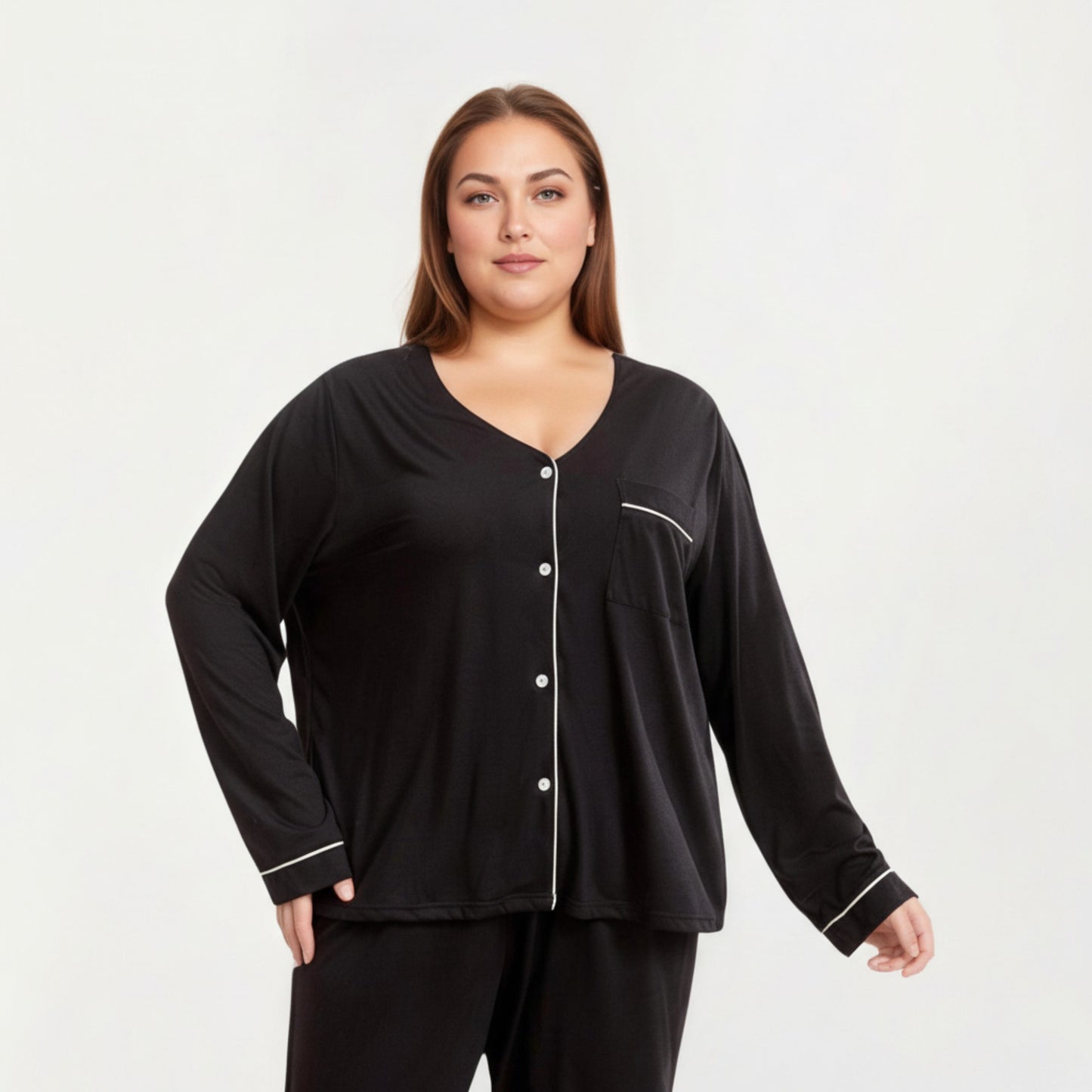 Anna-Kaci Lounge Women' s 2-Piece Set Long Sleeve Button-Front Pajama Top and Matching Relaxed Pants with Clean Piped Edging