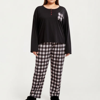 Anna-Kaci Lounge Women' s 2-Piece Set Long Sleeve Henley Top and Plaid Pajama Pants with Soft Stretch Fabric, Chest Pocket Detail