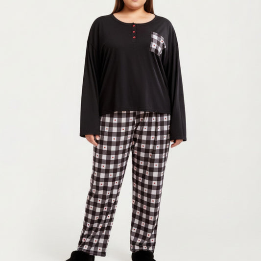 Anna-Kaci Lounge Women' s 2-Piece Set Long Sleeve Henley Top and Plaid Pajama Pants with Soft Stretch Fabric, Chest Pocket Detail