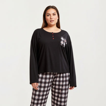Anna-Kaci Lounge Women' s 2-Piece Set Long Sleeve Henley Top and Plaid Pajama Pants with Soft Stretch Fabric, Chest Pocket Detail